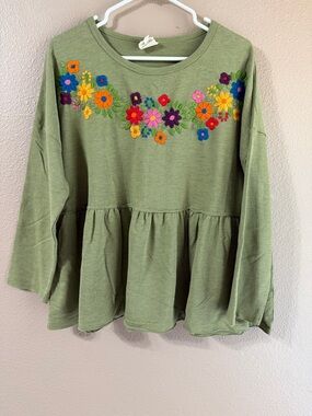 Sister Mary Olive Green Peplum Top with Multicolor Floral Embroidery